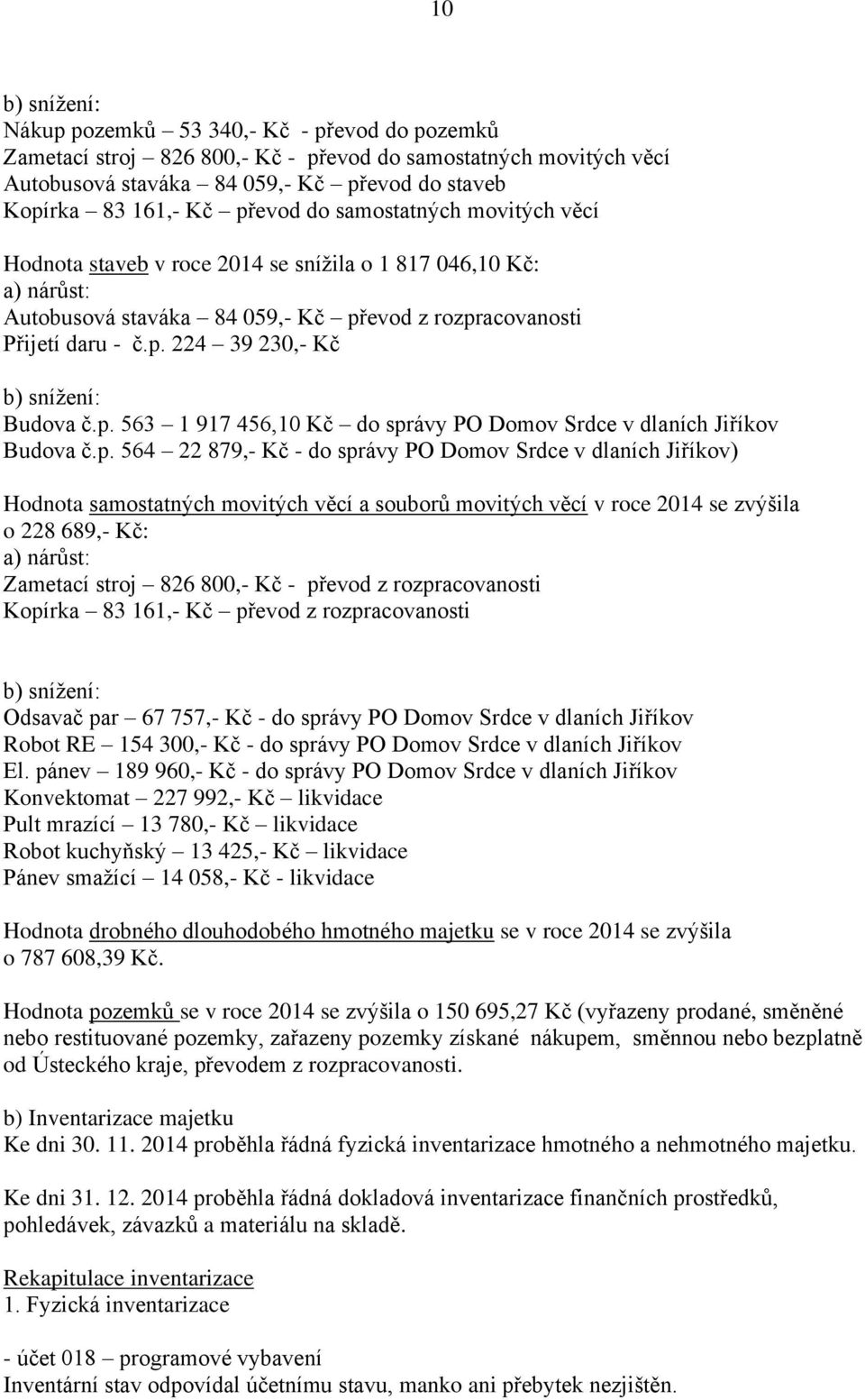 p. 563 1 917 456,10 Kč do správy PO Domov Srdce v dlaních Jiříkov Budova č.p. 564 22 879,- Kč - do správy PO Domov Srdce v dlaních Jiříkov) Hodnota samostatných movitých věcí a souborů movitých věcí