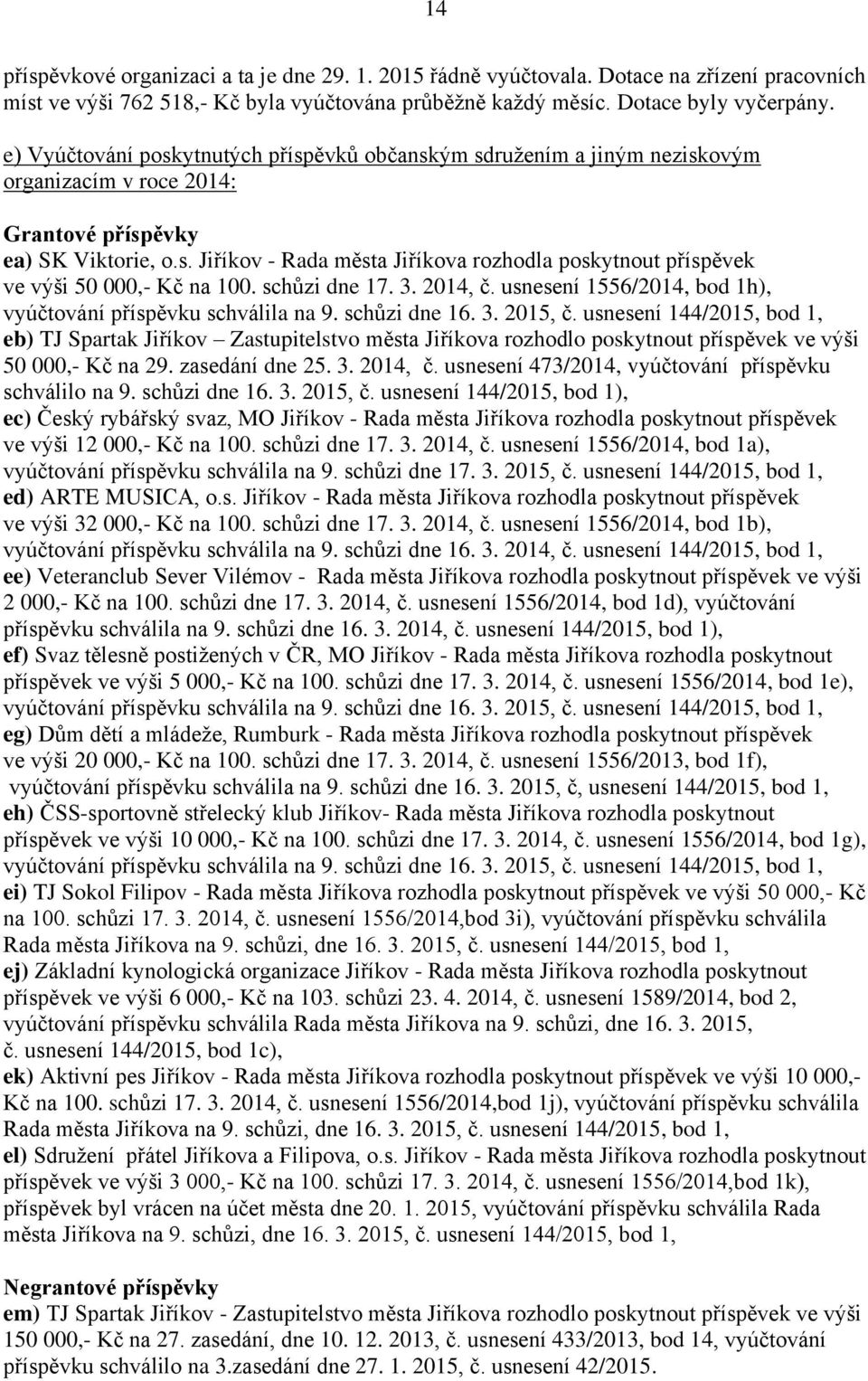 schůzi dne 17. 3. 2014, č. usnesení 1556/2014, bod 1h), vyúčtování příspěvku schválila na 9. schůzi dne 16. 3. 2015, č.