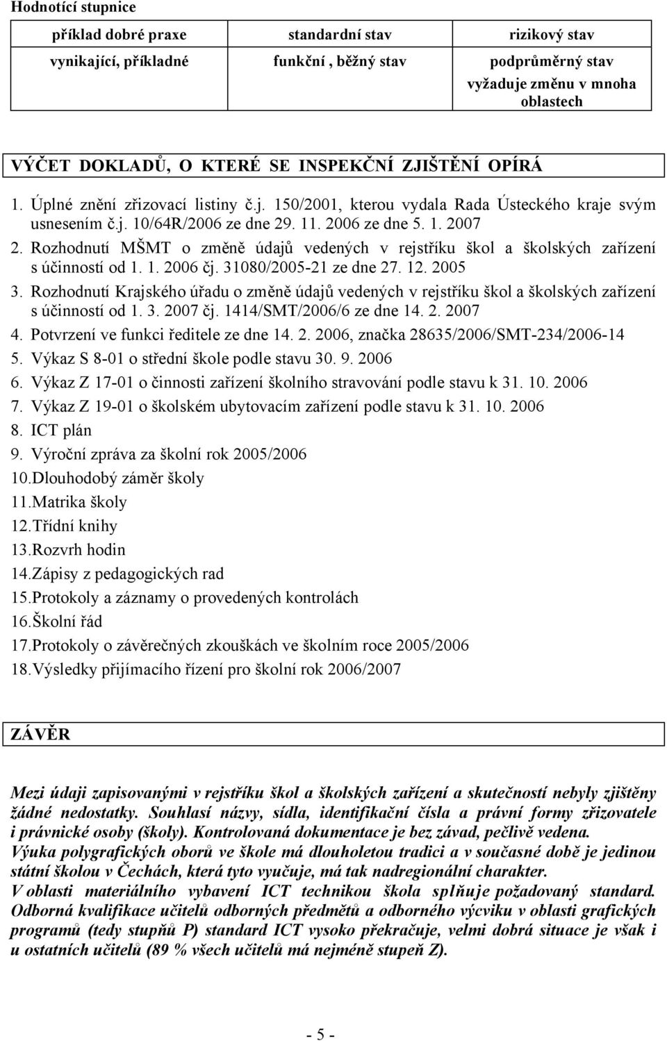 Rozhodnutí MŠMT o změně údajů vedených v rejstříku škol a školských zařízení s účinností od 1. 1. 2006 čj. 31080/2005-21 ze dne 27. 12. 2005 3.