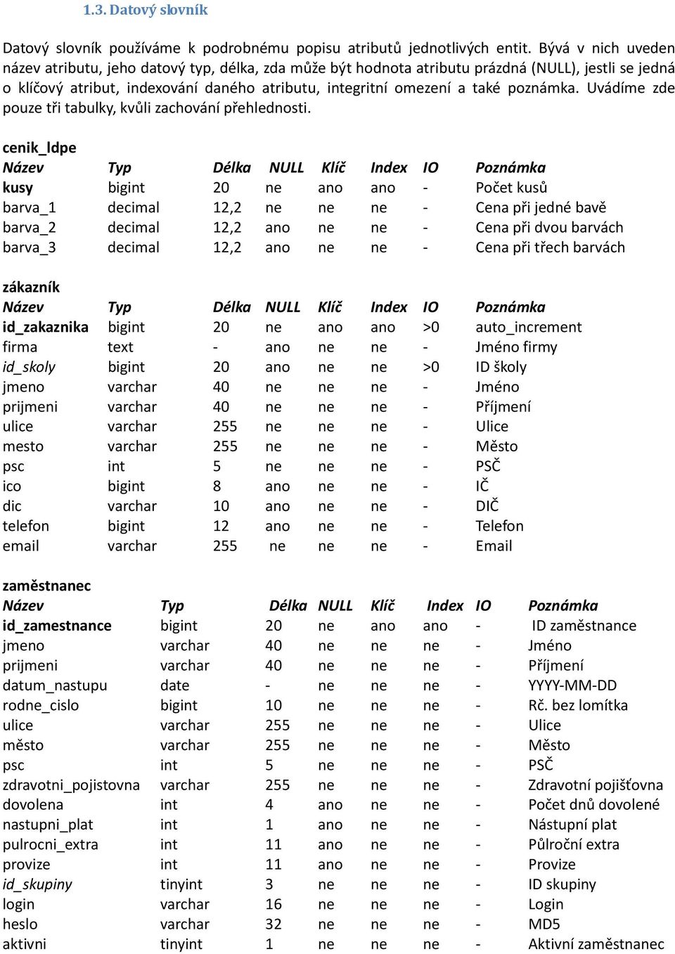 poznámka. Uvádíme zde pouze tři tabulky, kvůli zachování přehlednosti.
