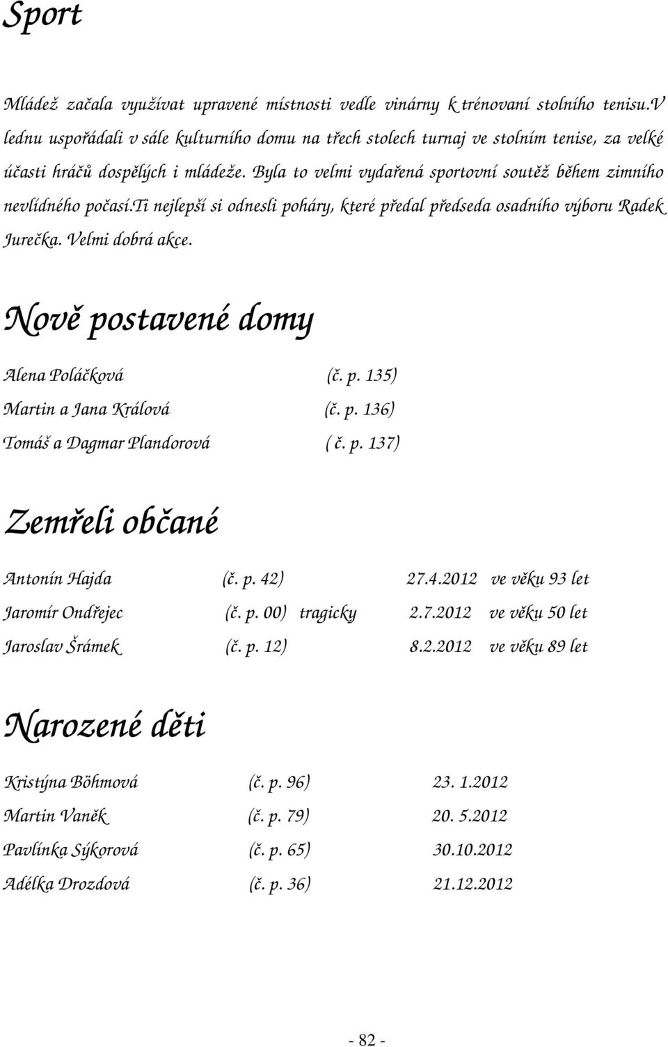 ti nejlepší si odnesli poháry, které předal předseda osadního výboru Radek Jurečka. Velmi dobrá akce. Nově postavené domy Alena Poláčková (č. p. 135) Martin a Jana Králová (č. p. 136) Tomáš a Dagmar Plandorová ( č.