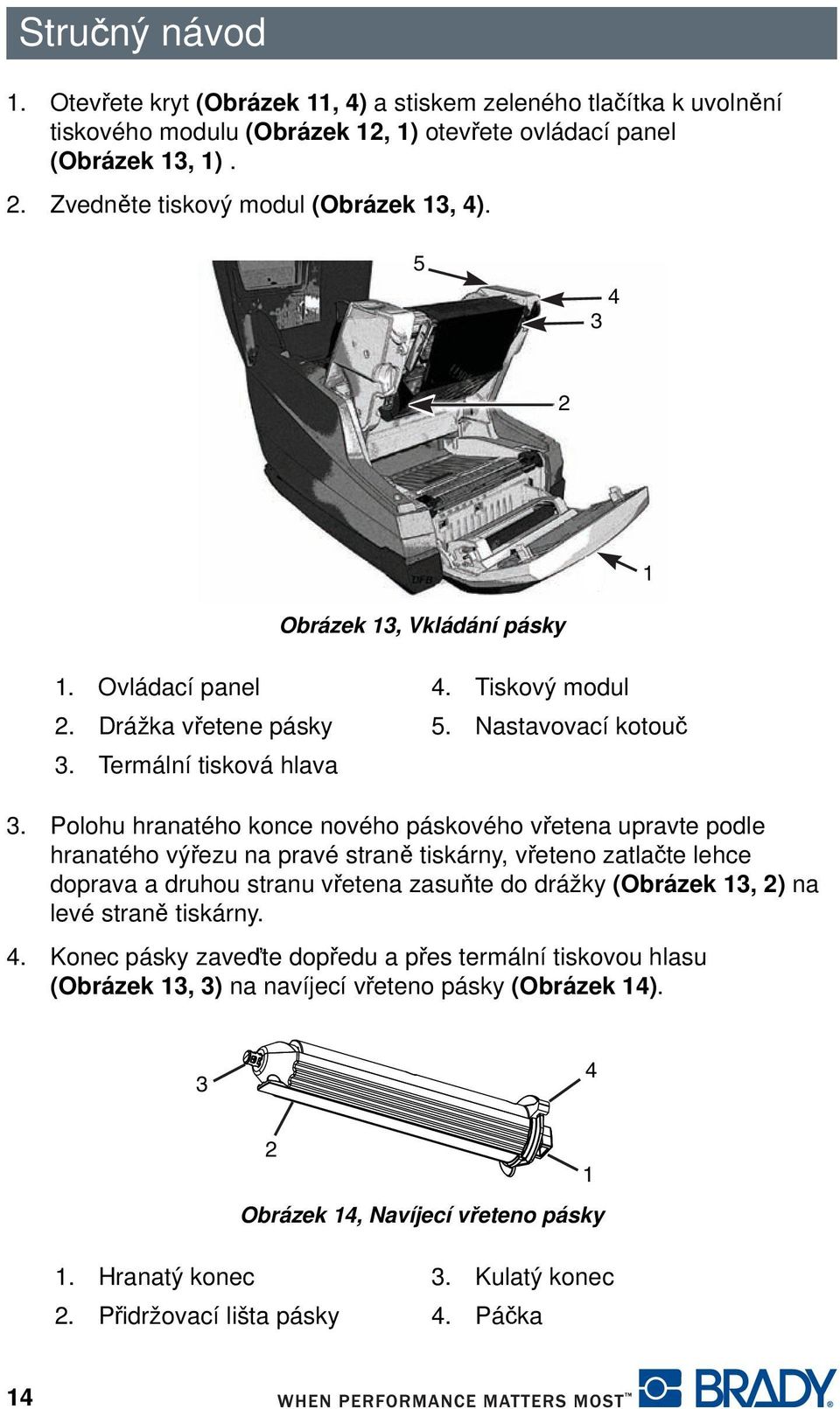 Polohu hranatého konce nového páskového vřetena upravte podle hranatého výřezu na pravé straně tiskárny, vřeteno zatlačte lehce doprava a druhou stranu vřetena zasuňte do drážky (Obrázek 13, 2) na