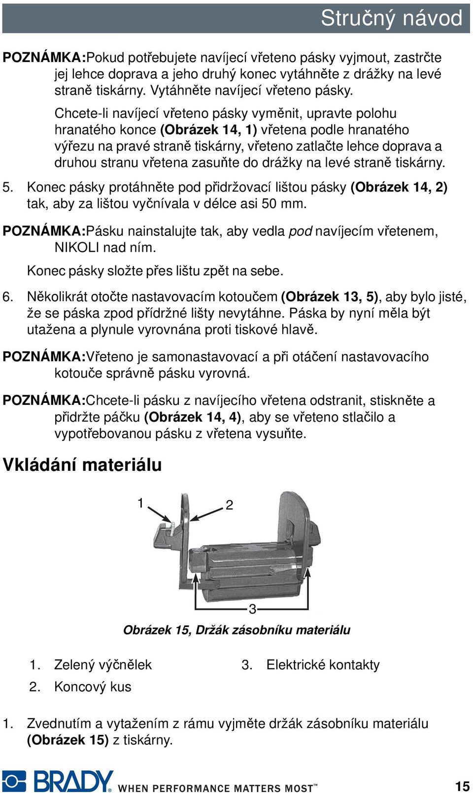 vřetena zasuňte do drážky na levé straně tiskárny. 5. Konec pásky protáhněte pod přidržovací lištou pásky (Obrázek 14, 2) tak, aby za lištou vyčnívala v délce asi 50 mm.