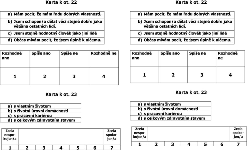 ano ano ne ne ano ano ne ne Karta k ot. a) s vlastním životem b) s životní úrovní domácnosti c) s pracovní kariérou d) s celkovým zdravotním stavem Zcela nespokojen/a Zcela spokojen/a Karta k ot.