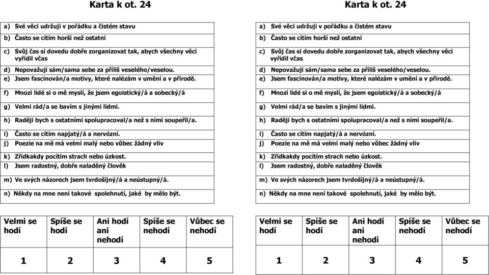 veselého/veselou. e) Jsem fascinován/a motivy, které nalézám v umění a v přírodě. f) Mnozí lidé si o mě myslí, že jsem egoistický/á a sobecký/á g) Velmi rád/a se bavím s jinými lidmi.