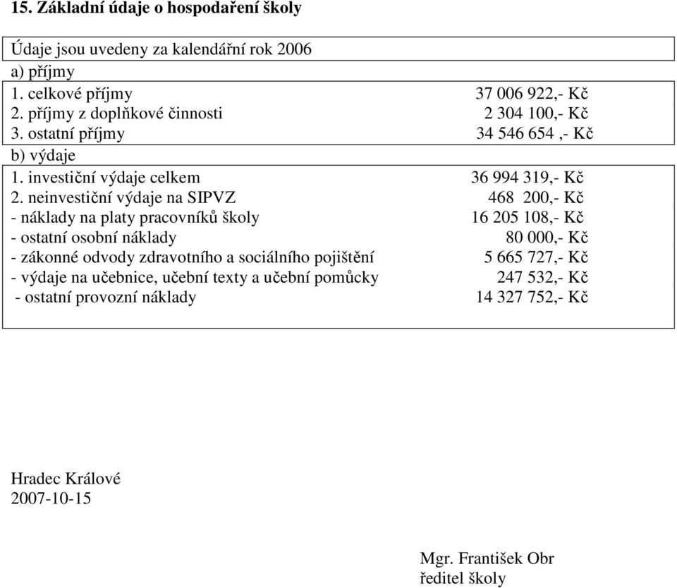 neinvestiční výdaje na SIPVZ 468 200,- Kč - náklady na platy pracovníků školy 16 205 108,- Kč - ostatní osobní náklady 80 000,- Kč - zákonné odvody