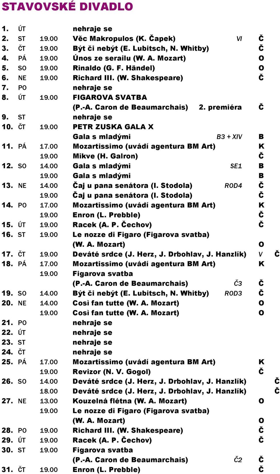 00 PETR ZUSKA GALA X Gala s mladými B3 + XIV B 11. PÁ 17.00 Mozartissimo (uvádí agentura BM Art) K 19.00 Mikve (H. Galron) Č 12. SO 14.00 Gala s mladými SE1 B 19.00 Gala s mladými B 13. NE 14.