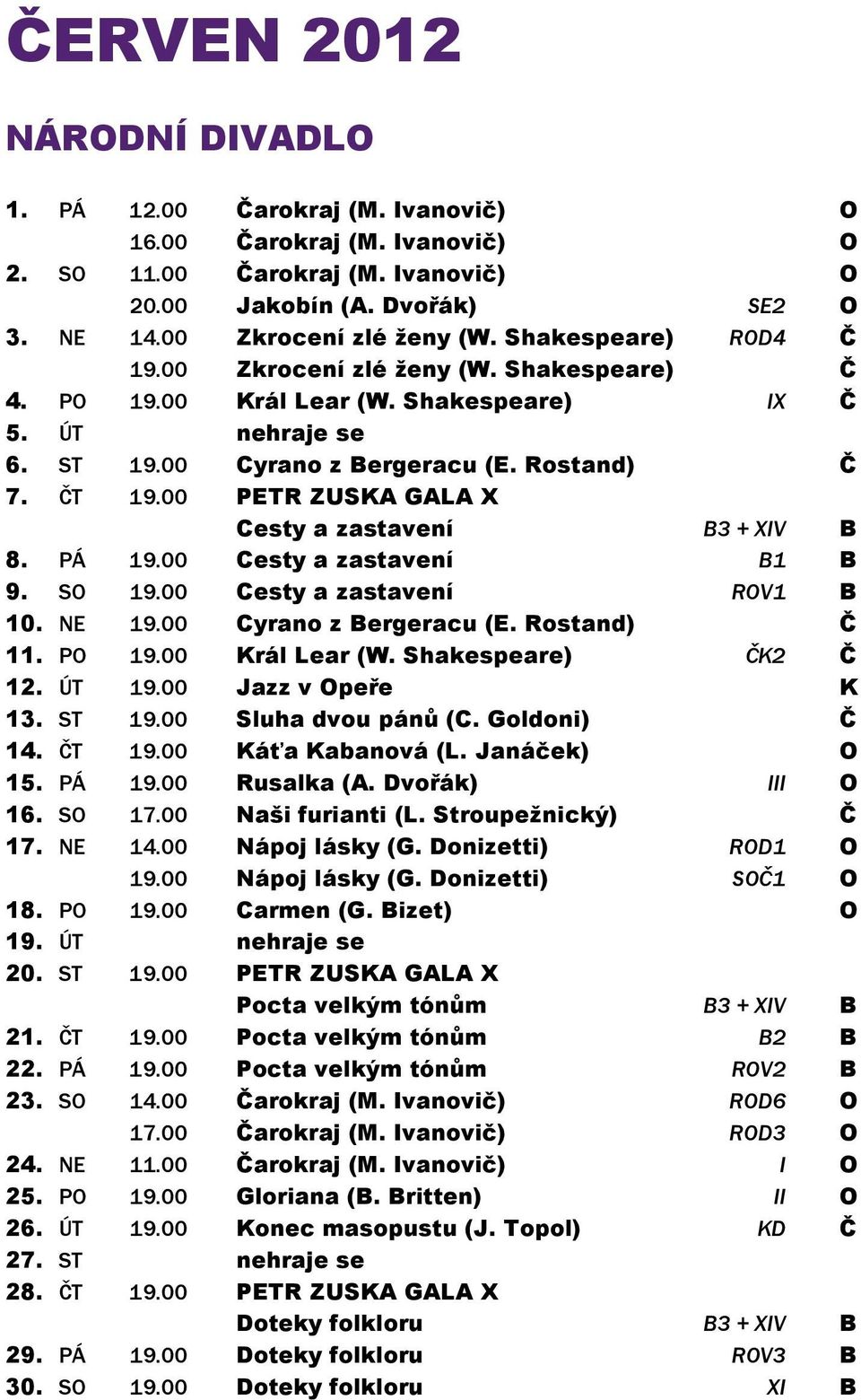 00 PETR ZUSKA GALA X Cesty a zastavení B3 + XIV B 8. PÁ 19.00 Cesty a zastavení B1 B 9. SO 19.00 Cesty a zastavení ROV1 B 10. NE 19.00 Cyrano z Bergeracu (E. Rostand) Č 11. PO 19.00 Král Lear (W.