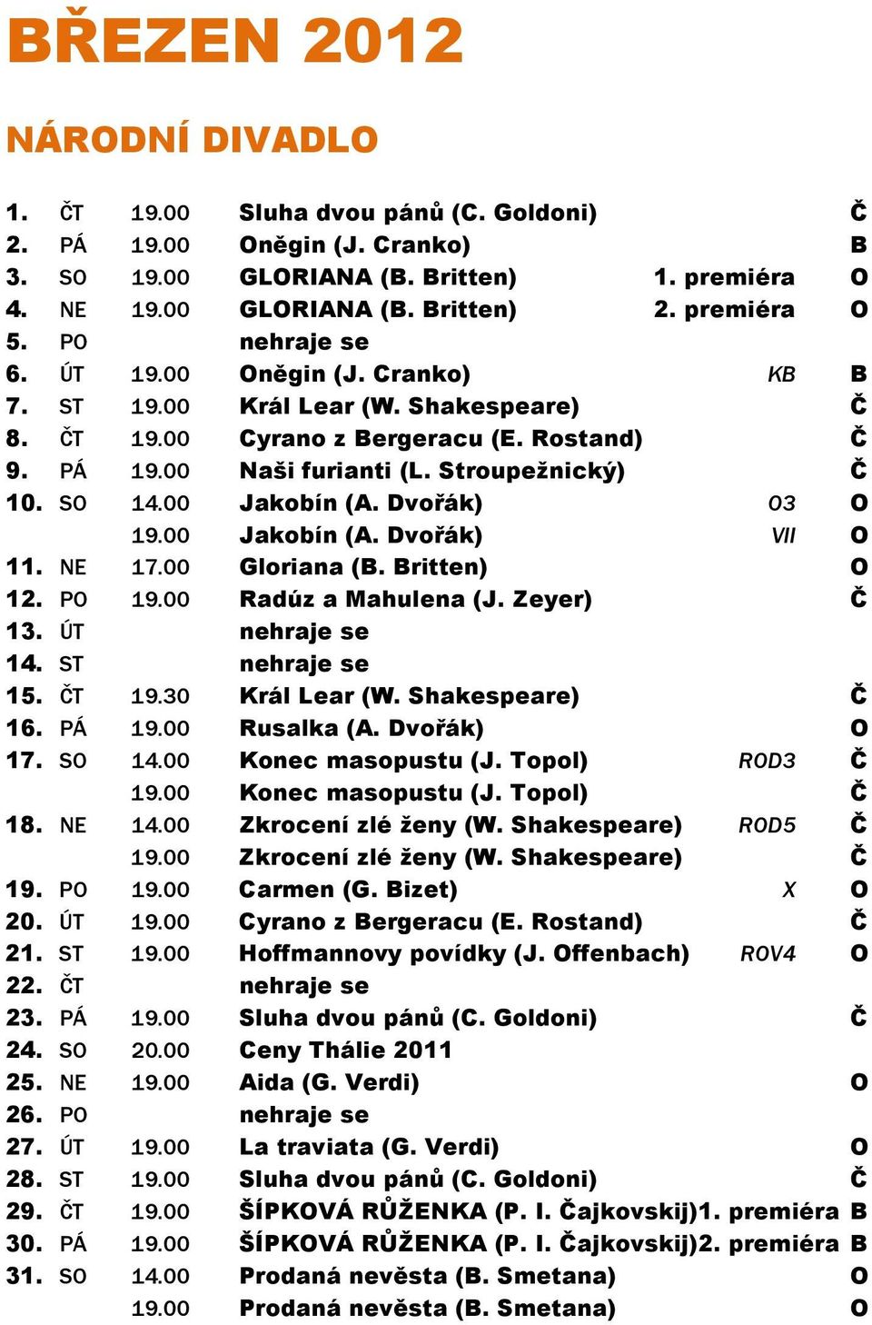 Stroupežnický) Č 10. SO 14.00 Jakobín (A. Dvořák) O3 O 19.00 Jakobín (A. Dvořák) VII O 11. NE 17.00 Gloriana (B. Britten) O 12. PO 19.00 Radúz a Mahulena (J. Zeyer) Č 13. ÚT nehraje se 14.