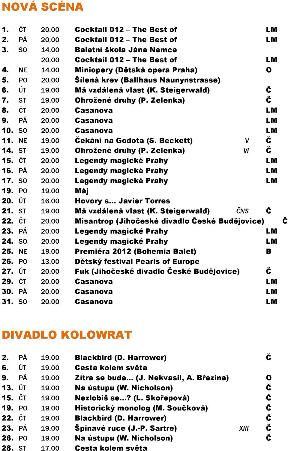 00 Casanova LM 9. PÁ 20.00 Casanova LM 10. SO 20.00 Casanova LM 11. NE 19.00 Čekání na Godota (S. Beckett) V Č 14. ST 19.00 Ohrožené druhy (P. Zelenka) VI Č 15. ČT 20.00 Legendy magické Prahy LM 16.