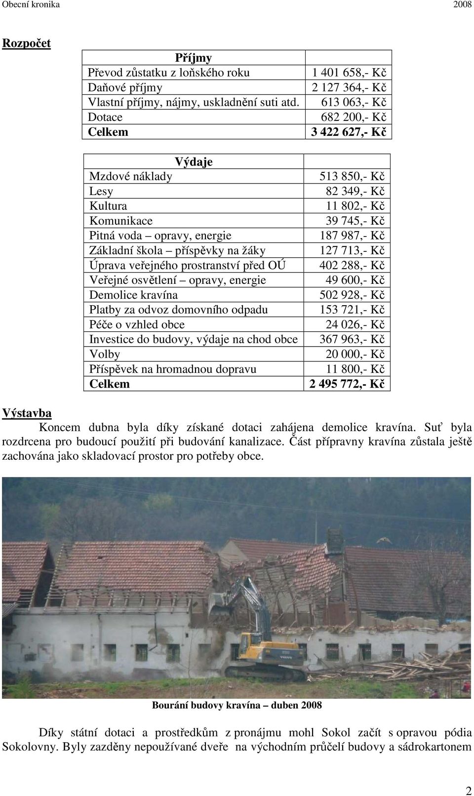 Demolice kravína Platby za odvoz domovního odpadu Péče o vzhled obce Investice do budovy, výdaje na chod obce Volby Příspěvek na hromadnou dopravu Celkem 1 401 658,- Kč 2 127 364,- Kč 613 063,- Kč