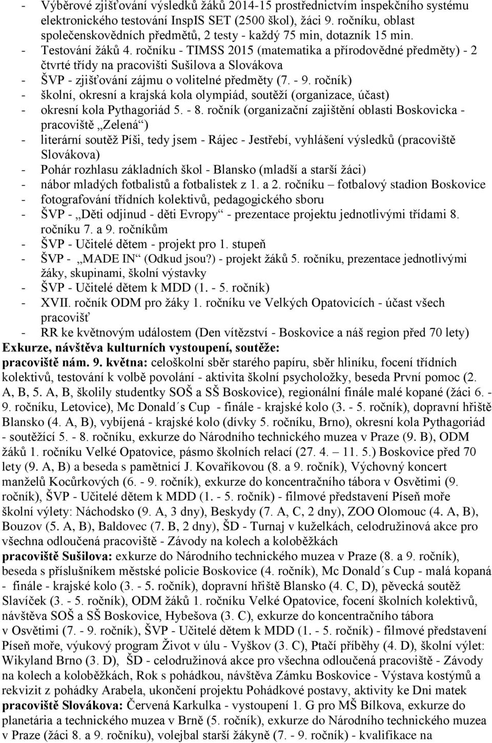 ročníku - TIMSS 2015 (matematika a přírodovědné předměty) - 2 čtvrté třídy na pracovišti Sušilova a Slovákova - ŠVP - zjišťování zájmu o volitelné předměty (7. - 9.