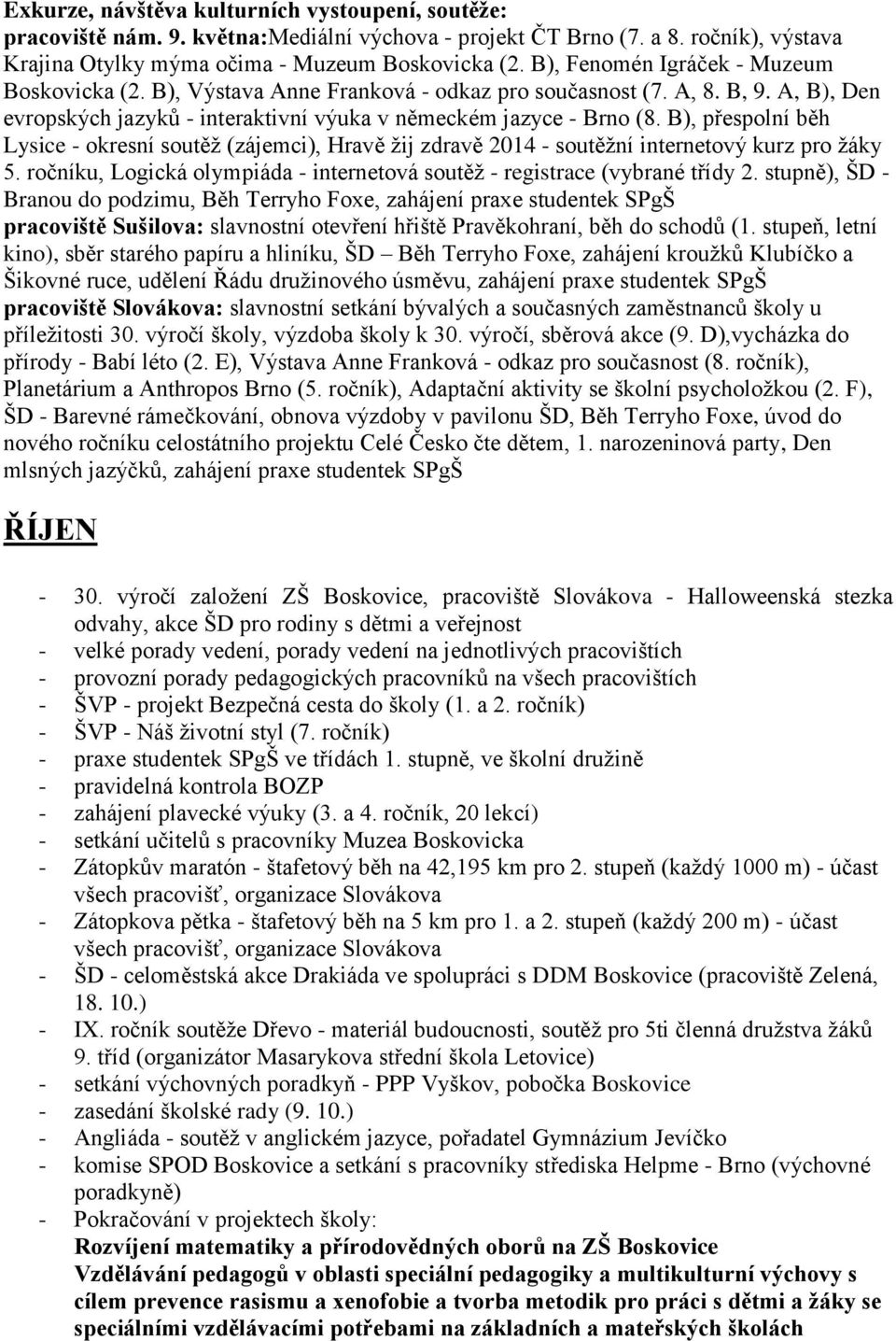 B), přespolní běh Lysice - okresní soutěž (zájemci), Hravě žij zdravě 2014 - soutěžní internetový kurz pro žáky 5. ročníku, Logická olympiáda - internetová soutěž - registrace (vybrané třídy 2.