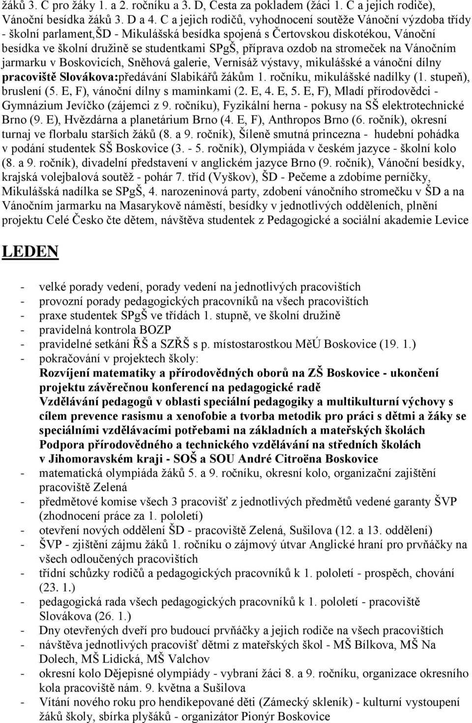 příprava ozdob na stromeček na Vánočním jarmarku v Boskovicích, Sněhová galerie, Vernisáž výstavy, mikulášské a vánoční dílny pracoviště Slovákova:předávání Slabikářů žákům 1.