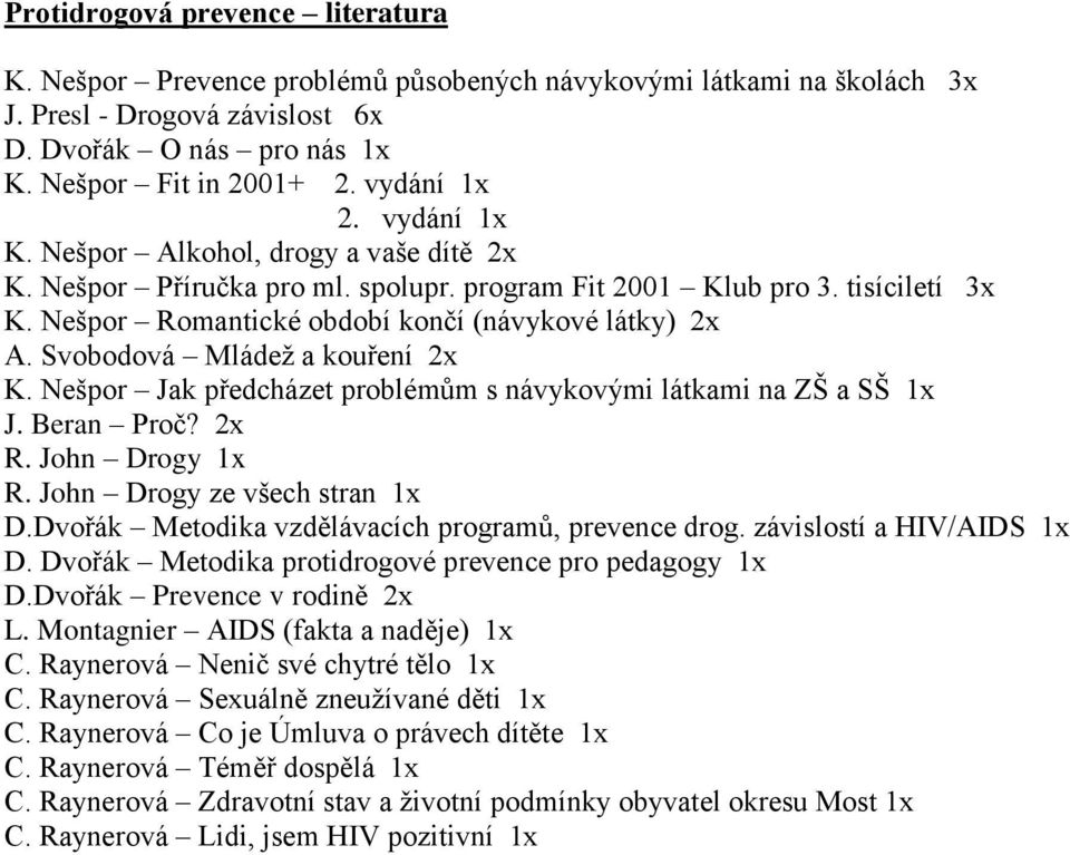 Svobodová Mládež a kouření 2x K. Nešpor Jak předcházet problémům s návykovými látkami na ZŠ a SŠ 1x J. Beran Proč? 2x R. John Drogy 1x R. John Drogy ze všech stran 1x D.