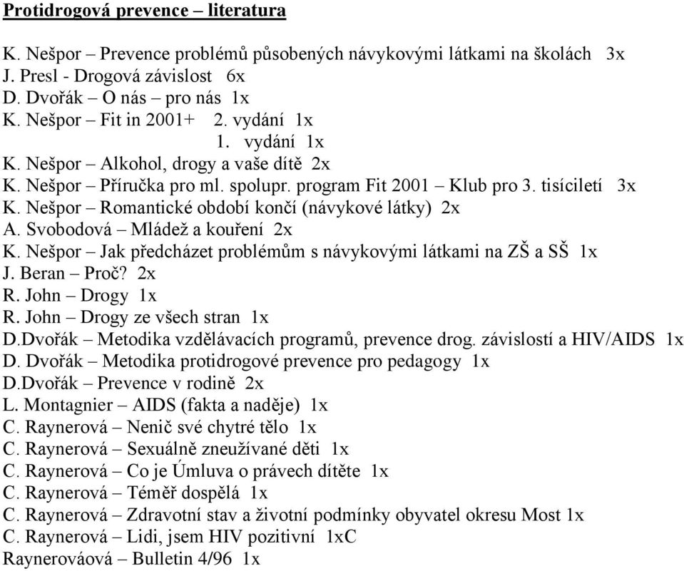 Svobodová Mládež a kouření 2x K. Nešpor Jak předcházet problémům s návykovými látkami na ZŠ a SŠ 1x J. Beran Proč? 2x R. John Drogy 1x R. John Drogy ze všech stran 1x D.