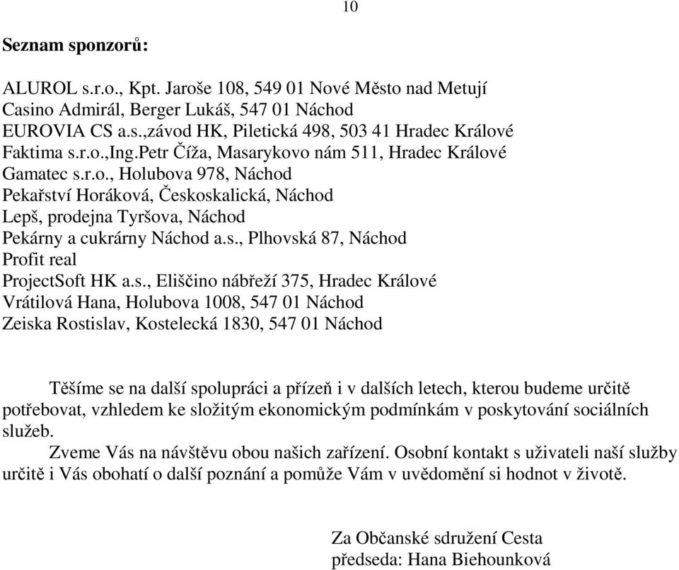 s., Eliščino nábřeží 375, Hradec Králové Vrátilová Hana, Holubova 1008, 547 01 Náchod Zeiska Rostislav, Kostelecká 1830, 547 01 Náchod Těšíme se na další spolupráci a přízeň i v dalších letech,