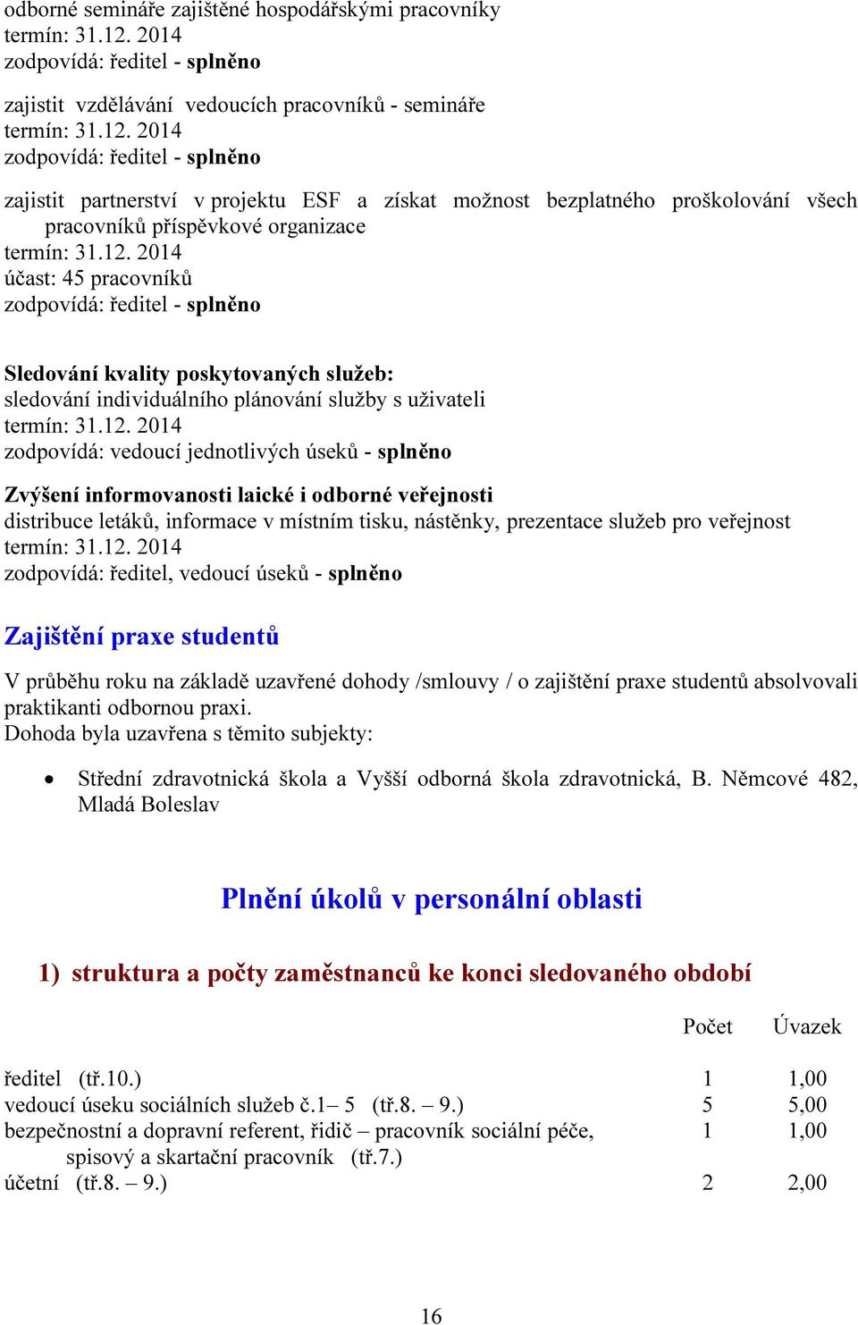 2014 zodpovídá: ředitel - splněno zajistit partnerství v projektu ESF a získat možnost bezplatného proškolování všech pracovníků příspěvkové organizace termín: 31.12.