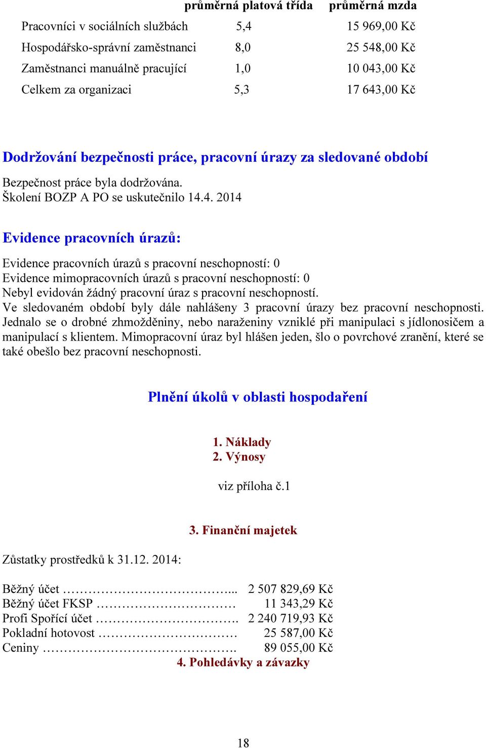 ,00 Kč Dodržování bezpečnosti práce, pracovní úrazy za sledované období Bezpečnost práce byla dodržována. Školení BOZP A PO se uskutečnilo 14.