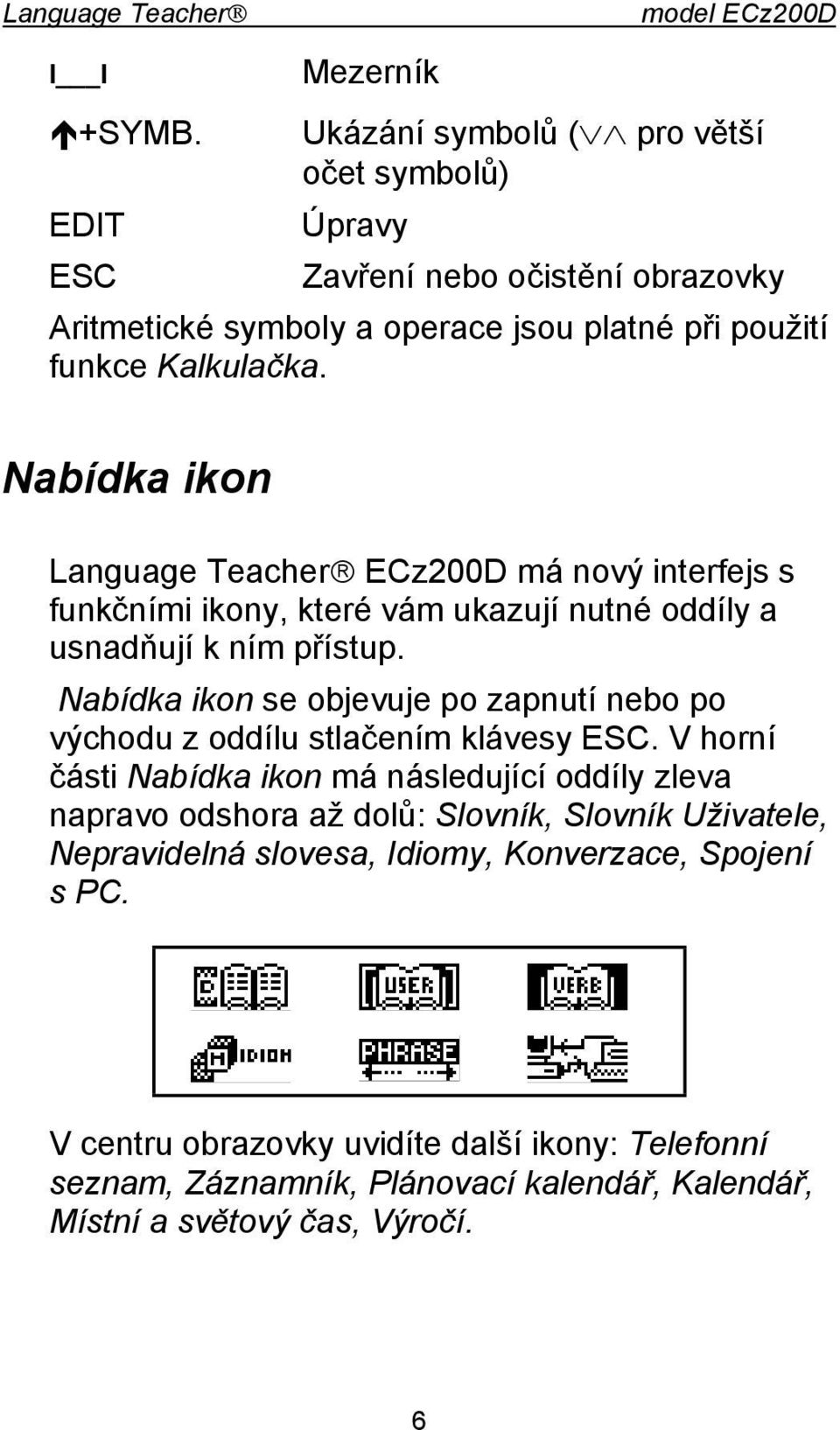 Nabídka ikon Language Teacher ECz200D má nový interfejs s funkčními ikony, které vám ukazují nutné oddíly a usnadňují k ním přístup.