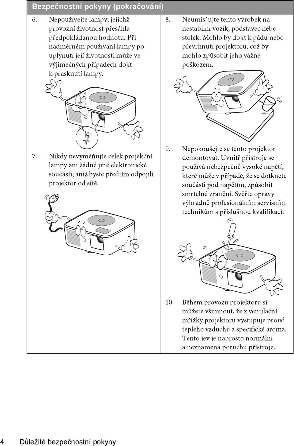 Mohlo by dojít k pádu nebo převrhnutí projektoru, což by mohlo způsobit jeho vážné poškození. 7.