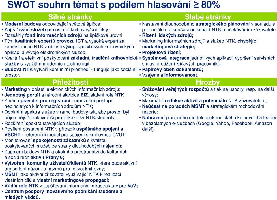 ICT a vysoká expertíza Marketing informačních zdrojů a služeb NTK, chybějící zaměstnanců NTK v oblasti vývoje specifických knihovnických marketingová strategie; aplikací a vývoje elektronických