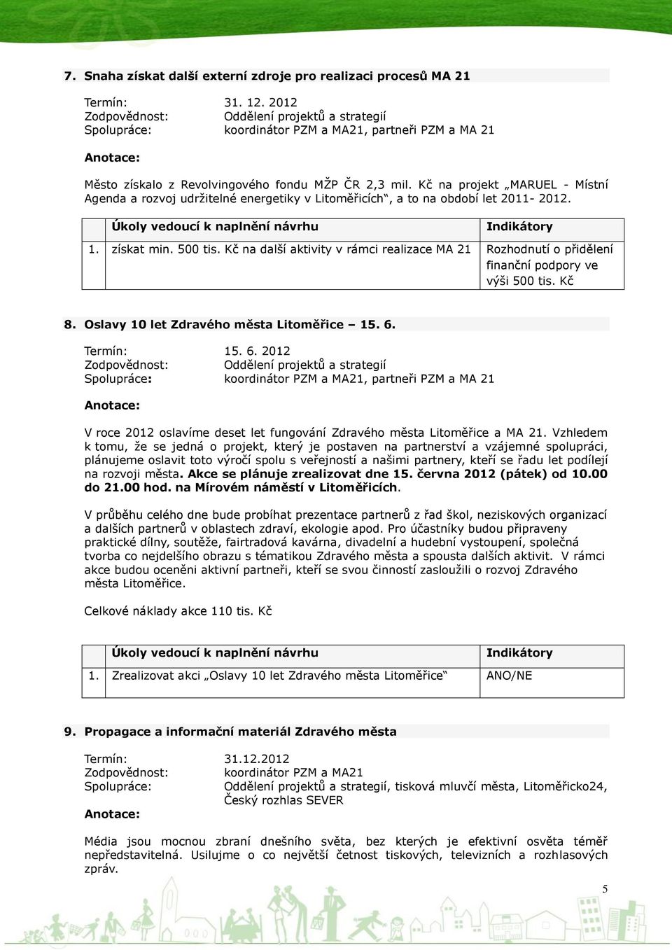 Kč na projekt MARUEL - Místní Agenda a rozvoj udrţitelné energetiky v Litoměřicích, a to na období let 2011-2012. 1. získat min. 500 tis.