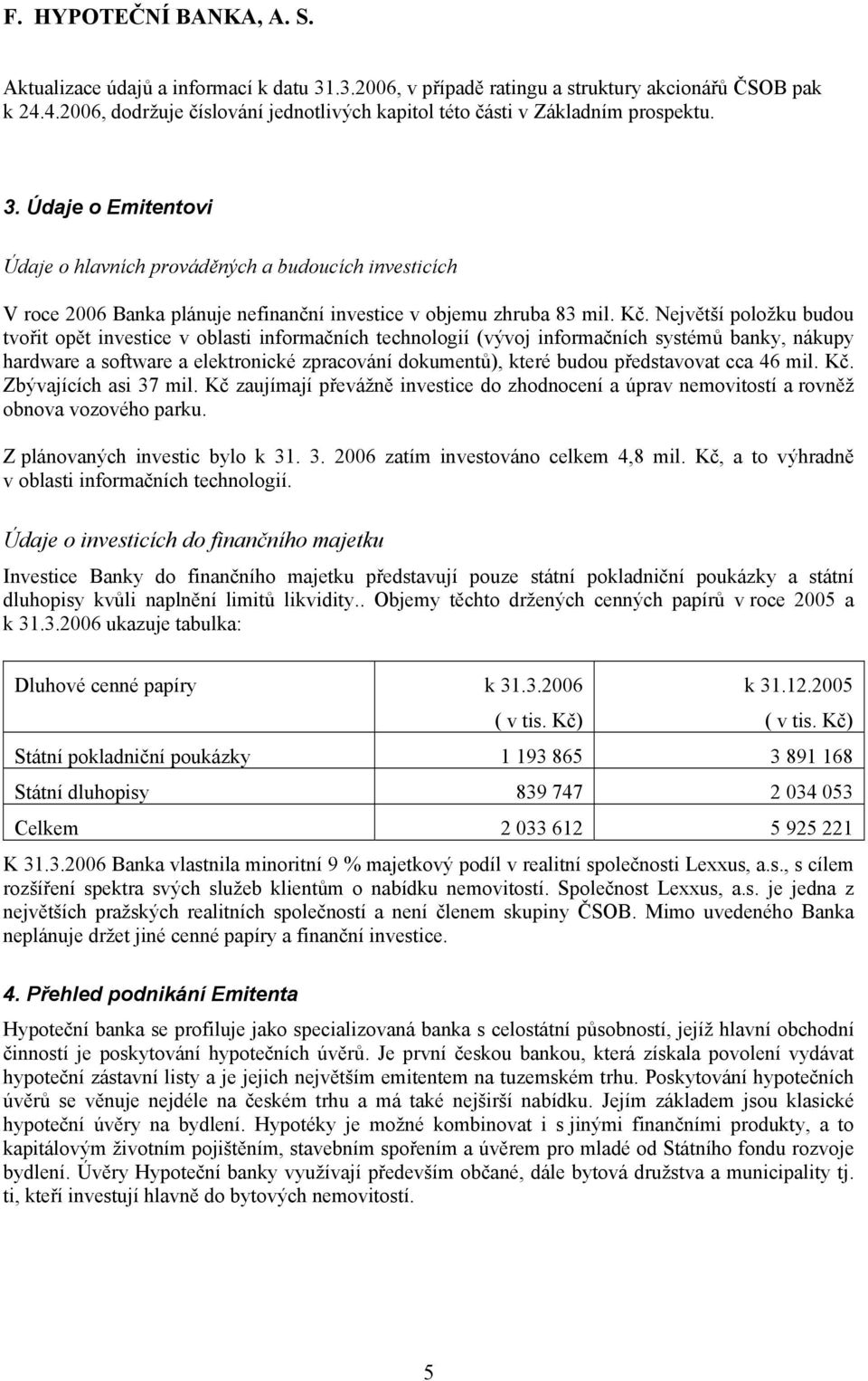 Údaje o Emitentovi Údaje o hlavních prováděných a budoucích investicích V roce 2006 Banka plánuje nefinanční investice v objemu zhruba 83 mil. Kč.