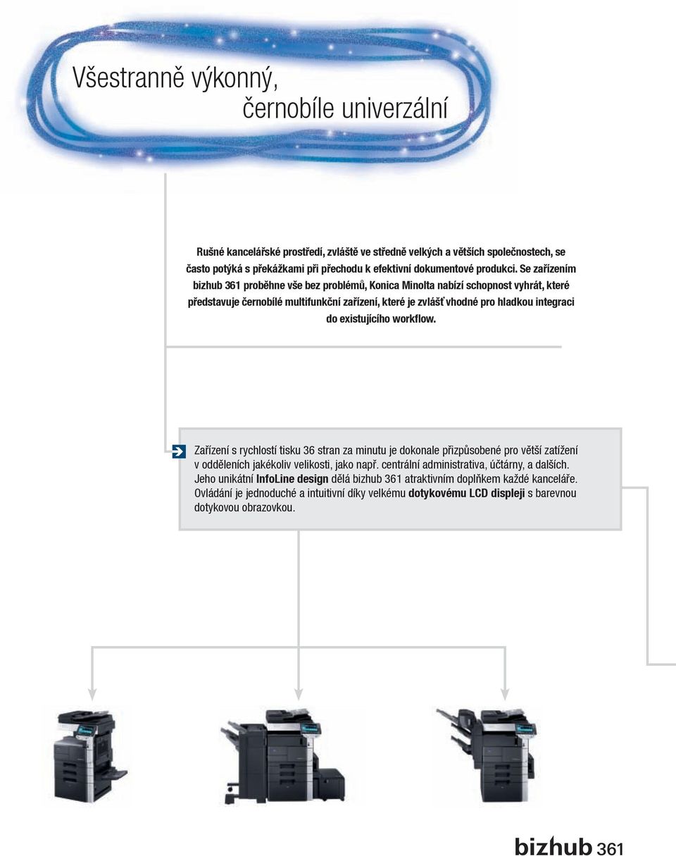 Se zařízením bizhub 361 proběhne vše bez problémů, Konica Minolta nabízí schopnost vyhrát, které představuje černobílé multifunkční zařízení, které je zvlášť vhodné pro hladkou integraci do