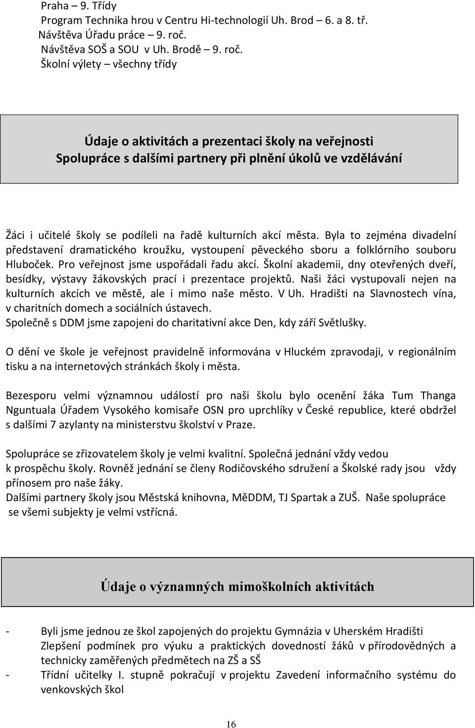 Školní výlety všechny třídy Údaje o aktivitách a prezentaci školy na veřejnosti Spolupráce s dalšími partnery při plnění úkolů ve vzdělávání Žáci i učitelé školy se podíleli na řadě kulturních akcí