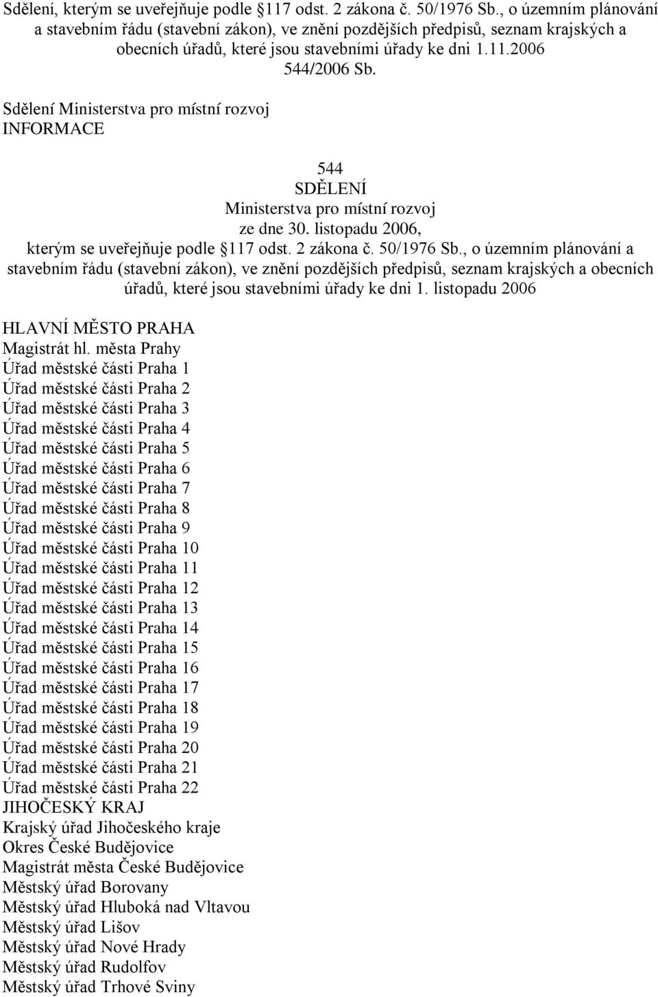 Sdělení Ministerstva pro místní rozvoj INFORMACE 544 SDĚLENÍ Ministerstva pro místní rozvoj ze dne 30. listopadu 2006, kterým se uveřejňuje podle 117 odst. 2 zákona č. 50/1976 Sb.