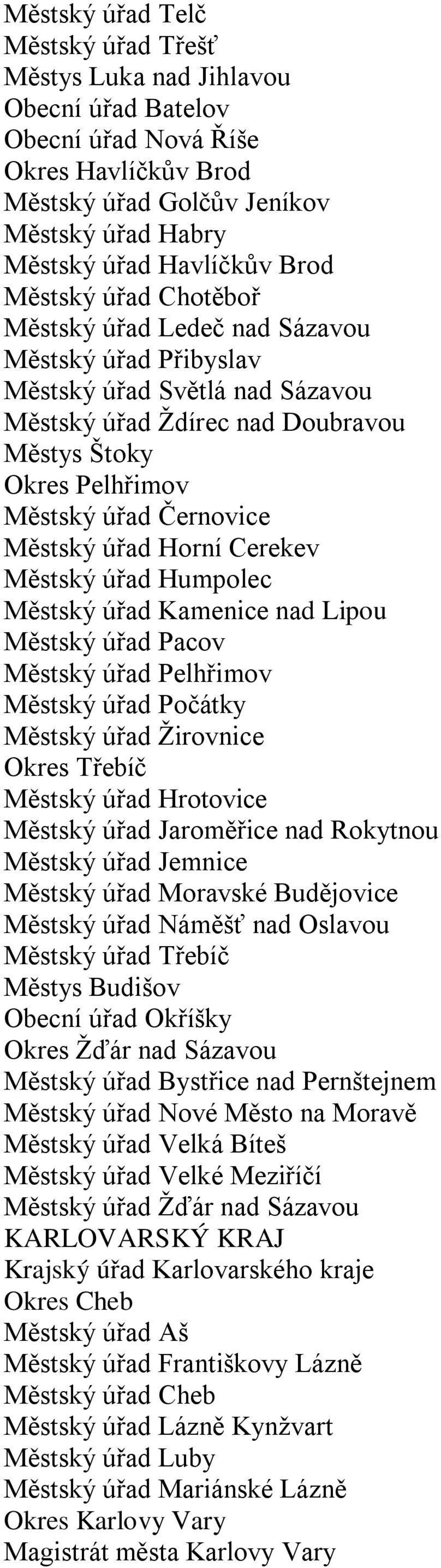 Městský úřad Horní Cerekev Městský úřad Humpolec Městský úřad Kamenice nad Lipou Městský úřad Pacov Městský úřad Pelhřimov Městský úřad Počátky Městský úřad Žirovnice Okres Třebíč Městský úřad