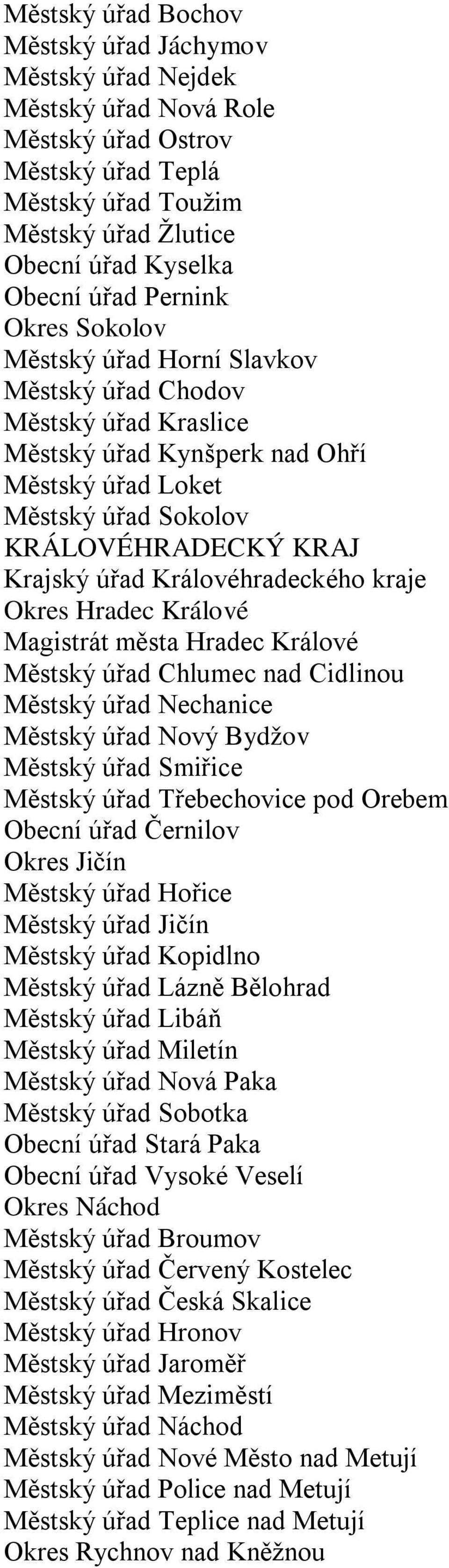 Královéhradeckého kraje Okres Hradec Králové Magistrát města Hradec Králové Městský úřad Chlumec nad Cidlinou Městský úřad Nechanice Městský úřad Nový Bydžov Městský úřad Smiřice Městský úřad