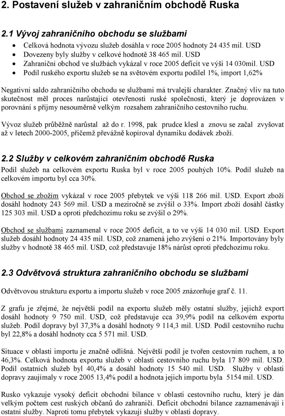 USD Podíl ruského exportu služeb se na světovém exportu podílel 1%, import 1,62% Negativní saldo zahraničního obchodu se službami má trvalejší charakter.