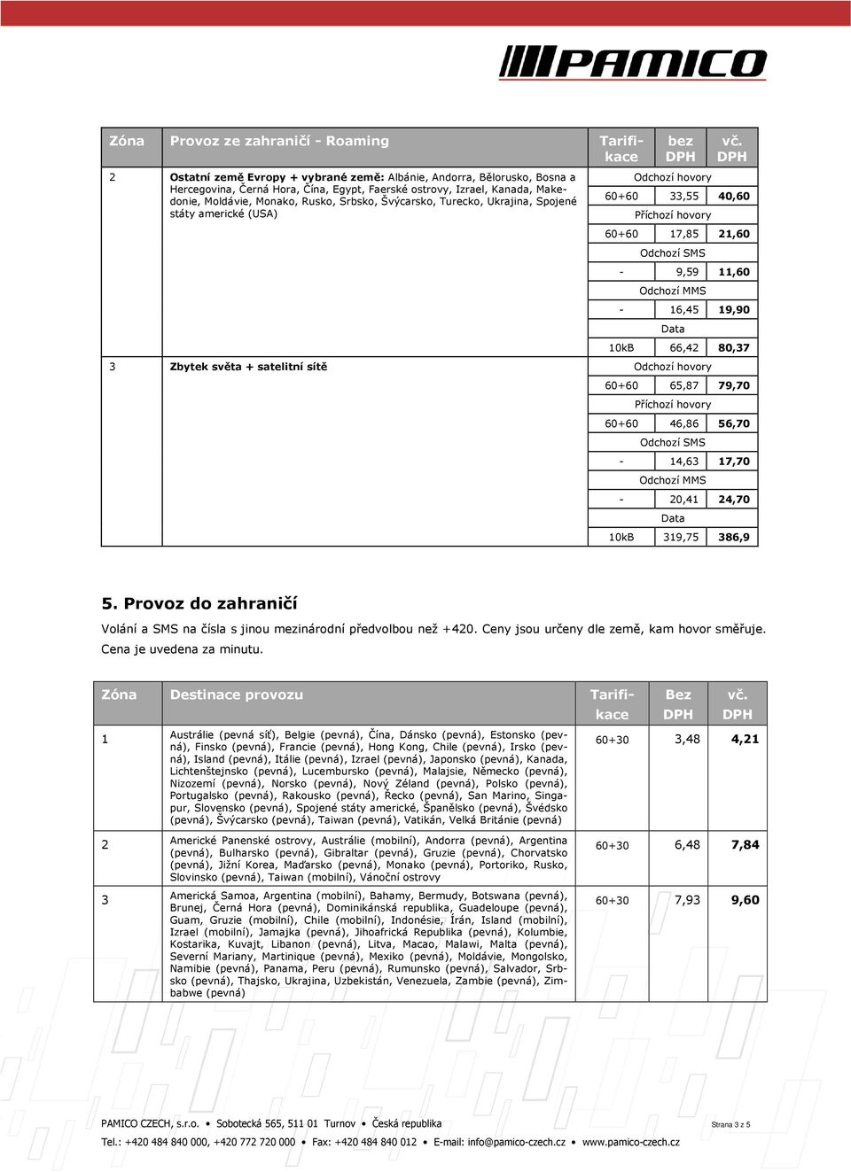 Zbytek světa + satelitní sítě Odchozí hovory 60+60 65,87 79,70 60+60 46,86 56,70-14,63 17,70-20,41 24,70 10kB 319,75 386,9 5.