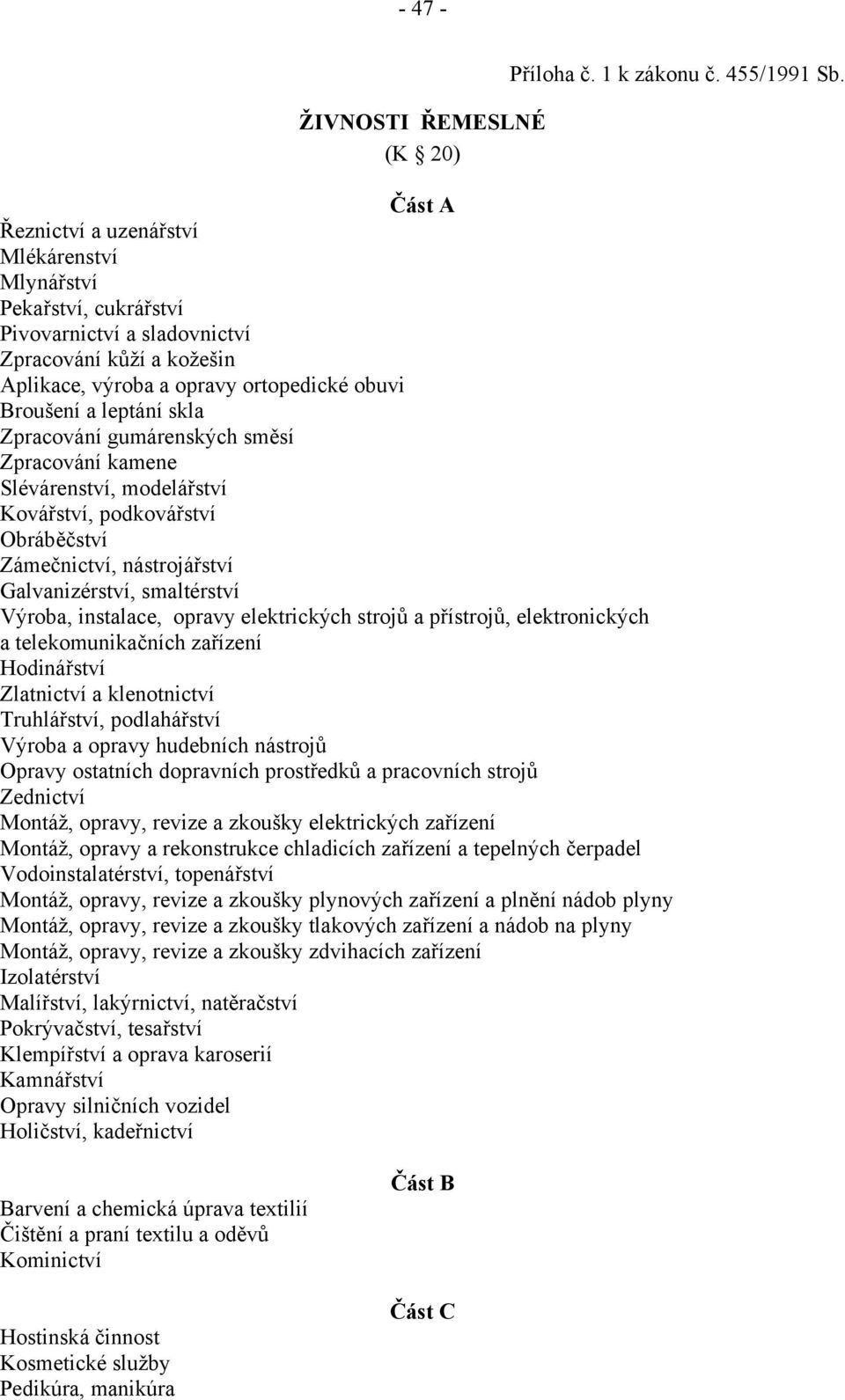 Zpracování gumárenských směsí Zpracování kamene Slévárenství, modelářství Kovářství, podkovářství Obráběčství Zámečnictví, nástrojářství Galvanizérství, smaltérství Výroba, instalace, opravy