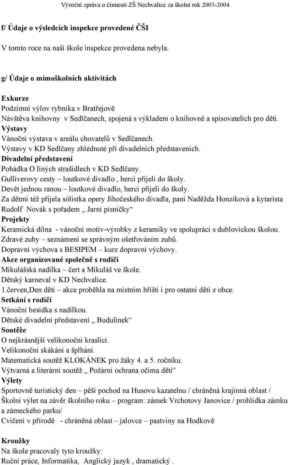 Výstavy Vánoční výstava v areálu chovatelů v Sedlčanech. Výstavy v KD Sedlčany zhlédnuté při divadelních představeních. Divadelní představení Pohádka O líných strašidlech v KD Sedlčany.