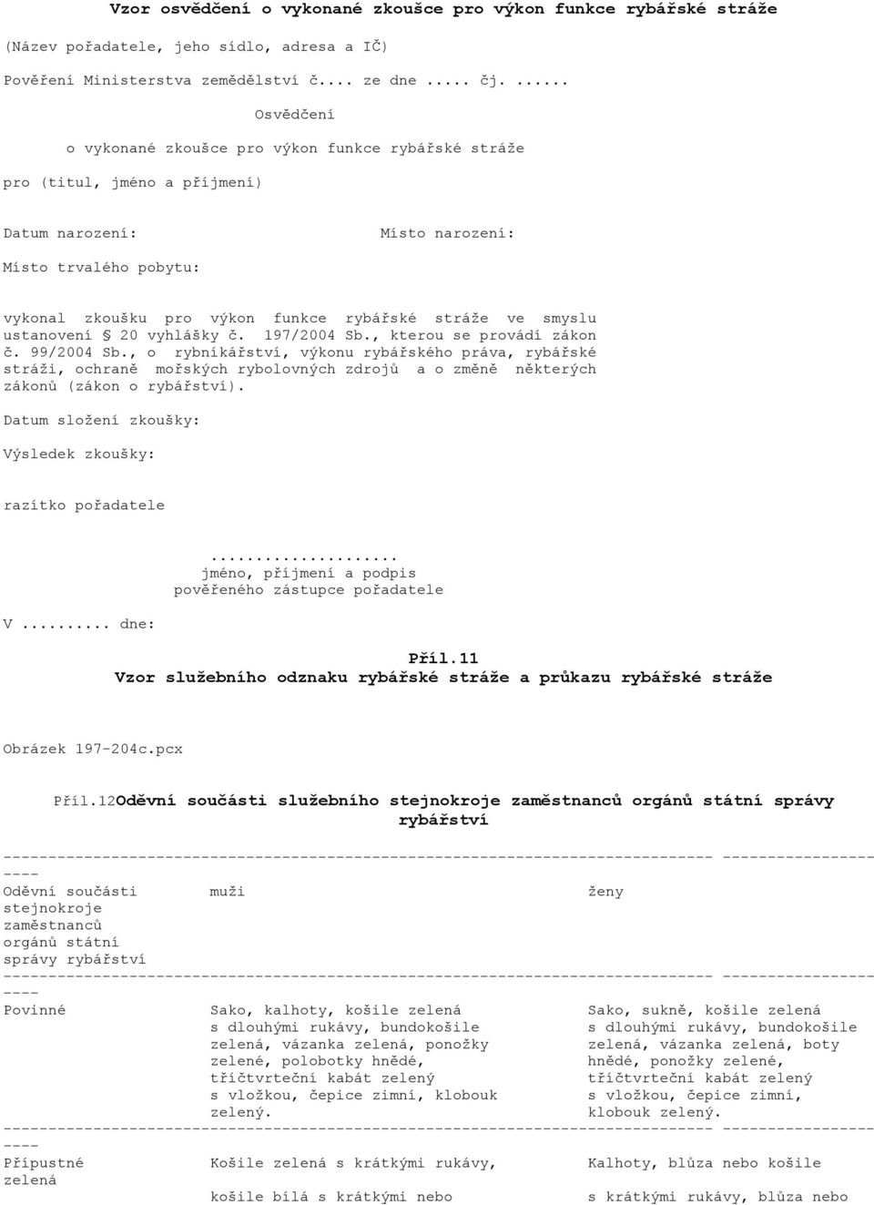 ve smyslu ustanovení 20 vyhlášky č. 197/2004 Sb., kterou se provádí zákon č. 99/2004 Sb.