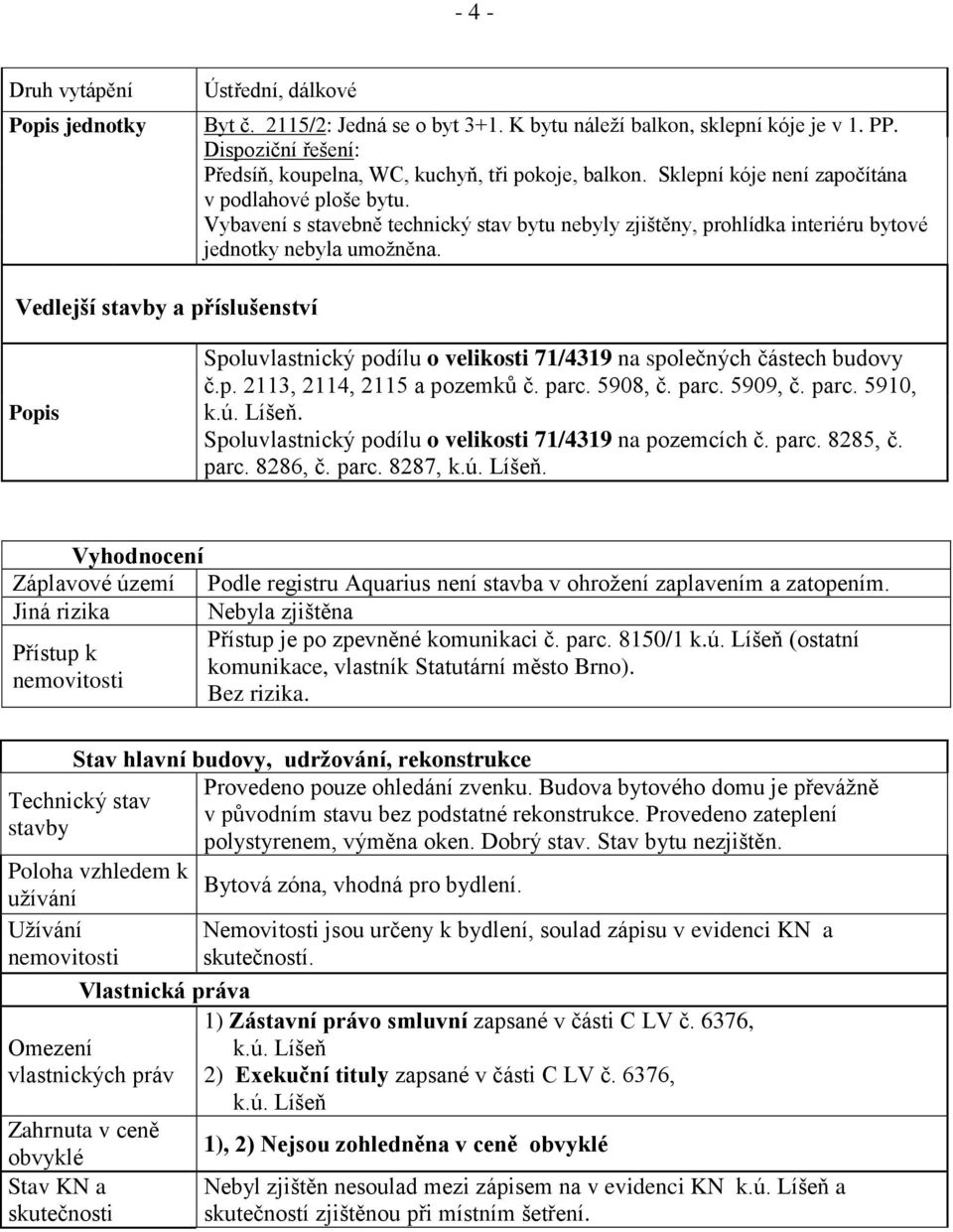 Vybavení s stavebně technický stav bytu nebyly zjištěny, prohlídka interiéru bytové jednotky nebyla umožněna.