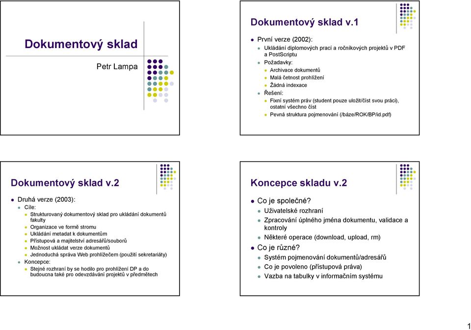 Fixní systém práv (student pouze uložit/číst svou práci), ostatní všechno číst Pevná struktura pojmenování (/báze/rok/bp/id.