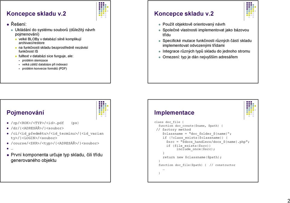 databázi sice funguje, ale: problém stemizace velká zátěž databáze při indexaci problém konverze formátů (PDF) 2 Použít objektově orientovaný návrh Společné vlastnosti implementovat jako bázovou