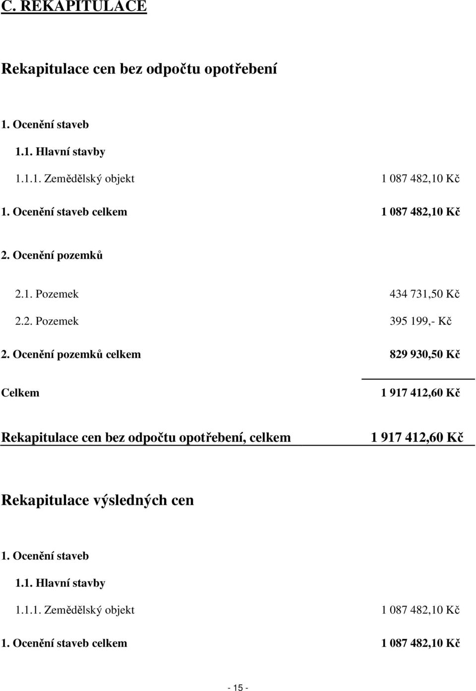 Ocenění pozemků celkem 829 930,50 Kč Celkem 1 917 412,60 Kč Rekapitulace cen bez odpočtu opotřebení, celkem 1 917 412,60 Kč