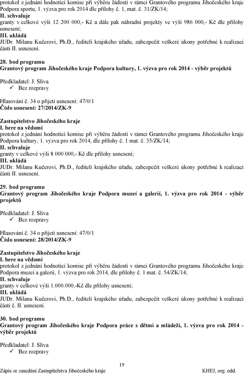 . Milanu Kučerovi, Ph.D., řediteli krajského úřadu, zabezpečit veškeré úkony potřebné k realizaci části II. usnesení. 28. bod programu Grantový program Jihočeského kraje Podpora kultury, 1.