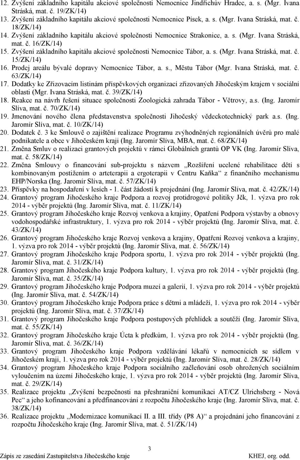 Prodej areálu bývalé dopravy Nemocnice Tábor, a. s., Městu Tábor (Mgr. Ivana Stráská, mat. č. 63/ZK/14) 17.