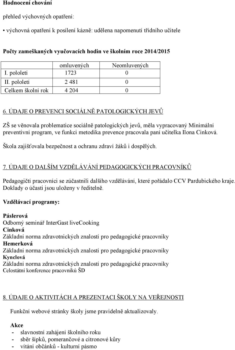 ÚDAJE O PREVENCI SOCIÁLNĚ PATOLOGICKÝCH JEVŮ ZŠ se věnovala problematice sociálně patologických jevů, měla vypracovaný Minimální preventivní program, ve funkci metodika prevence pracovala paní