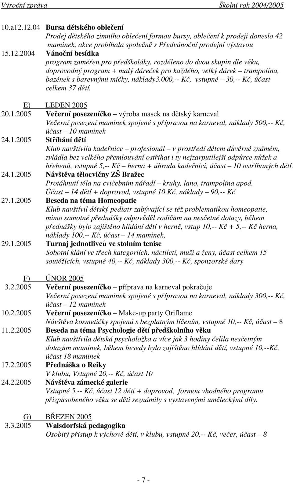 000,-- Kč, vstupné 30,-- Kč, účast celkem 37 dětí. E) LEDEN 2005 20.1.