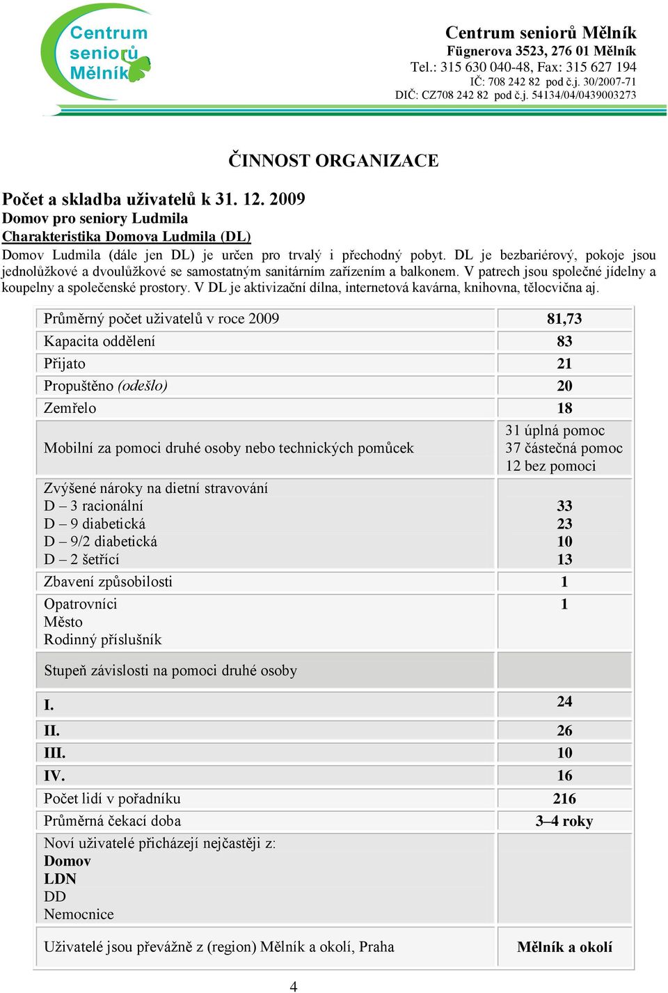 DL je bezbariérový, pokoje jsou jednolůžkové a dvoulůžkové se samostatným sanitárním zařízením a balkonem. V patrech jsou společné jídelny a koupelny a společenské prostory.