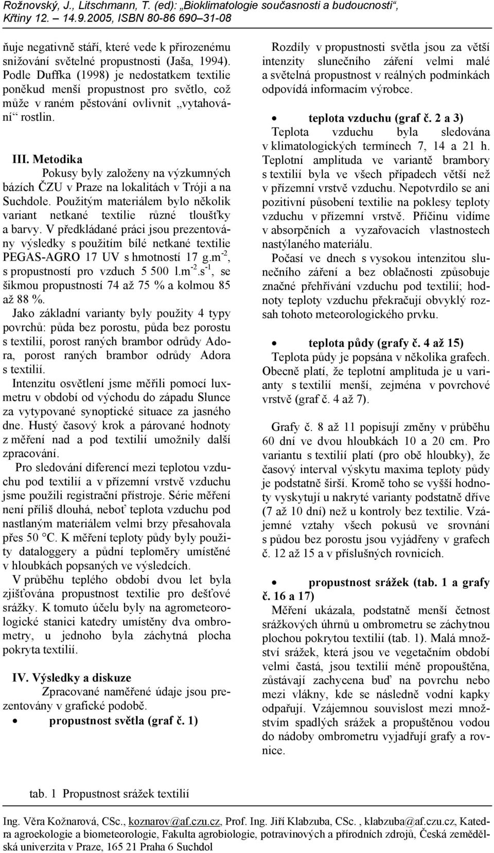 Metodika Pokusy byly založeny na výzkumných bázích ČZU v Praze na lokalitách v Tróji a na Suchdole. Použitým materiálem bylo několik variant netkané textilie různé tloušťky a barvy.