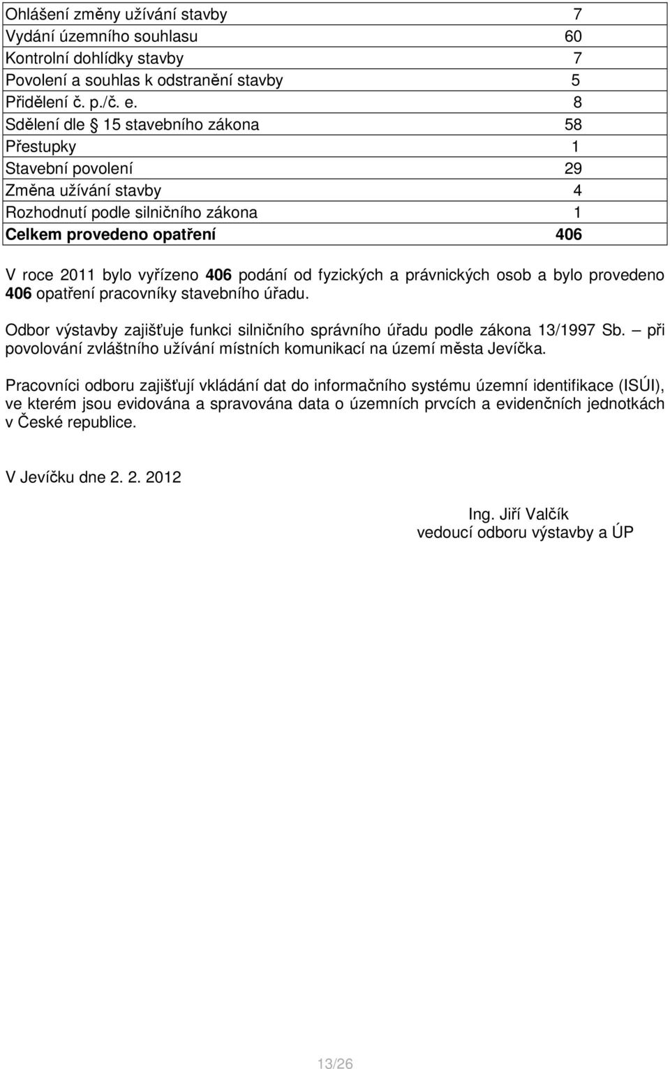 od fyzických a právnických osob a bylo provedeno 406 opatření pracovníky stavebního úřadu. Odbor výstavby zajišťuje funkci silničního správního úřadu podle zákona 13/1997 Sb.