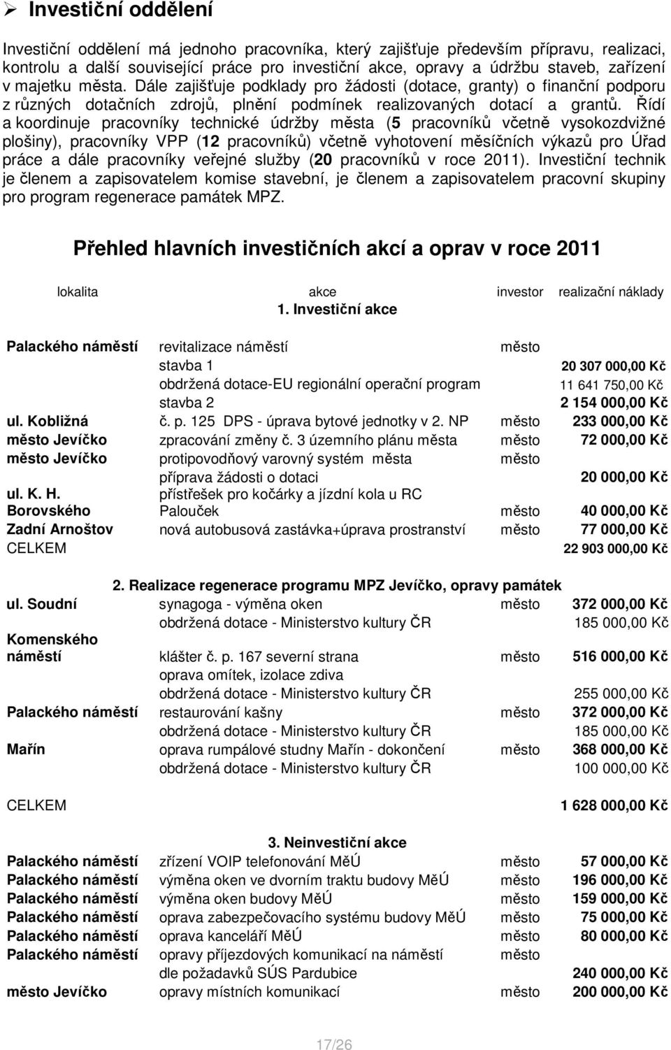 Řídí a koordinuje pracovníky technické údržby města (5 pracovníků včetně vysokozdvižné plošiny), pracovníky VPP (12 pracovníků) včetně vyhotovení měsíčních výkazů pro Úřad práce a dále pracovníky